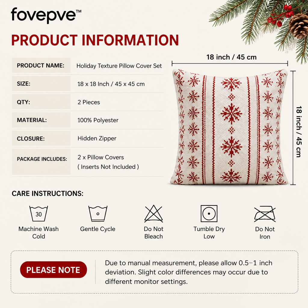 fovepve™ Holiday Texture Pillow Cover Set, Two 18-Inch Decorative Cushion Cases with Zipper Closures