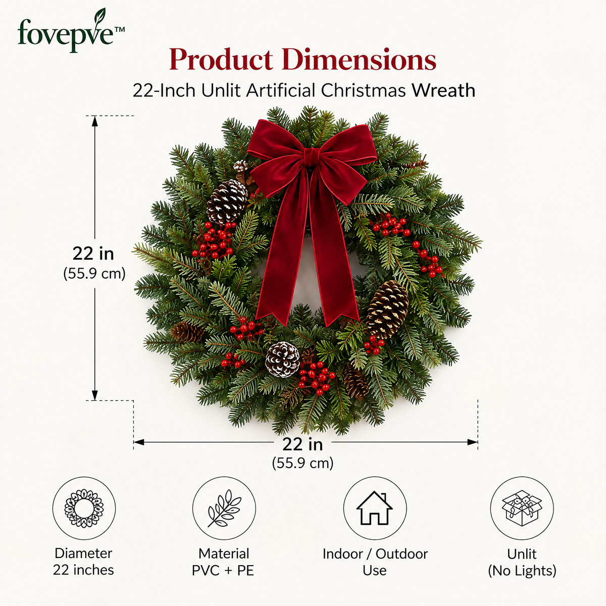 fovepve™ Evergreen & Berry Christmas Wreath, 22-Inch Unlit Artificial Door Decoration with Ribbon Bow