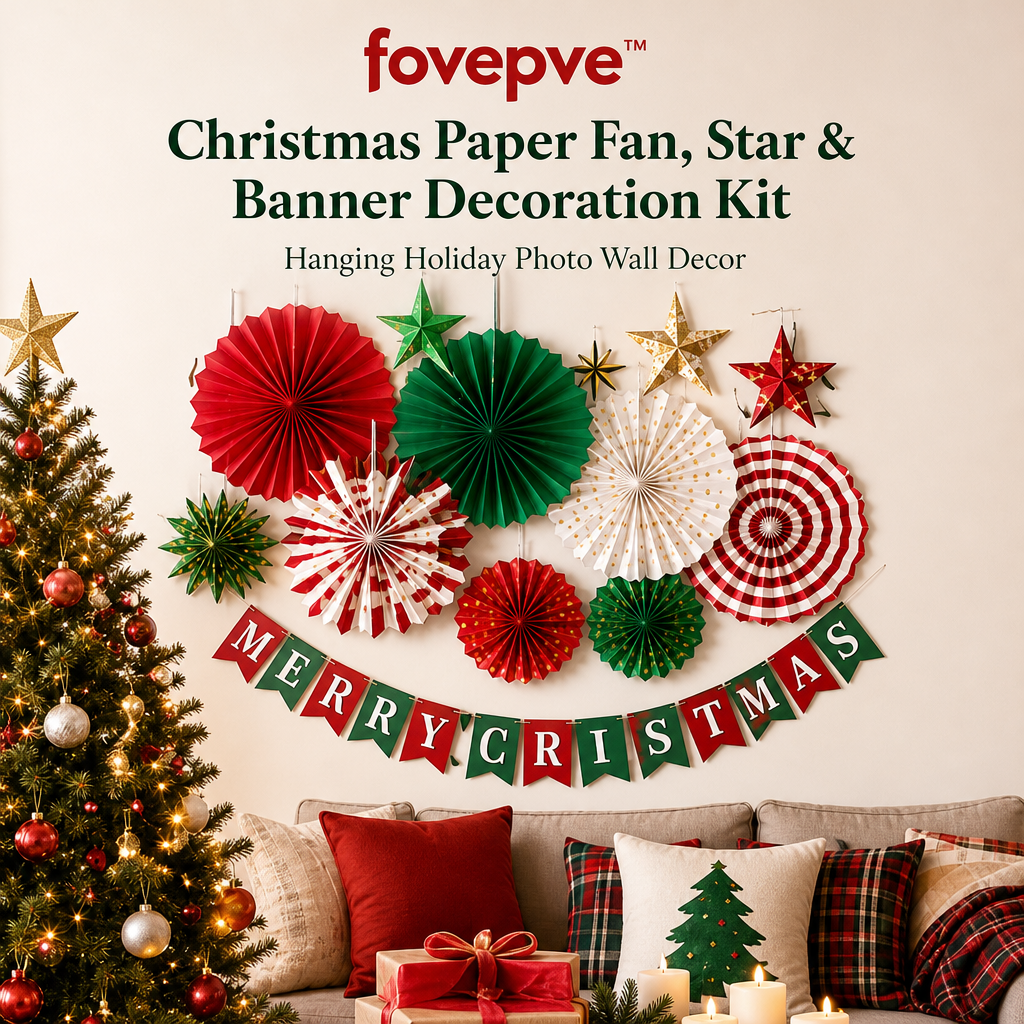 fovepve™ Christmas Paper Fan, Star & Banner Decoration Kit, Hanging Holiday Photo Wall Decor
