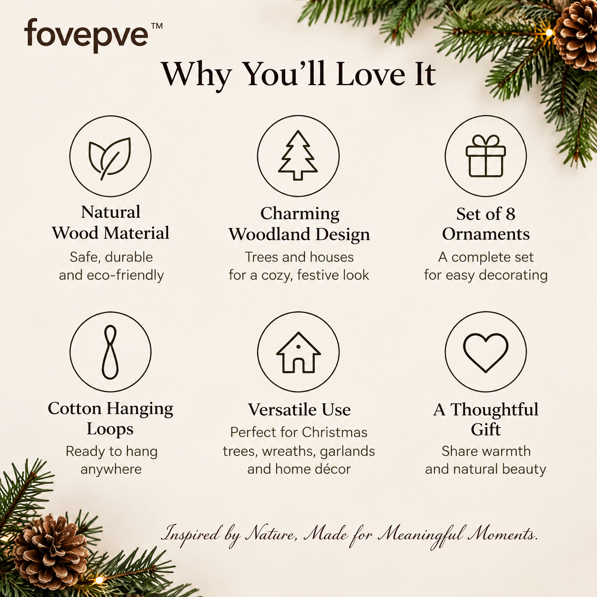 fovepve™ Woodland Hanging Ornament Set, Eight Wooden Tree & House Decorations with Cotton Loops