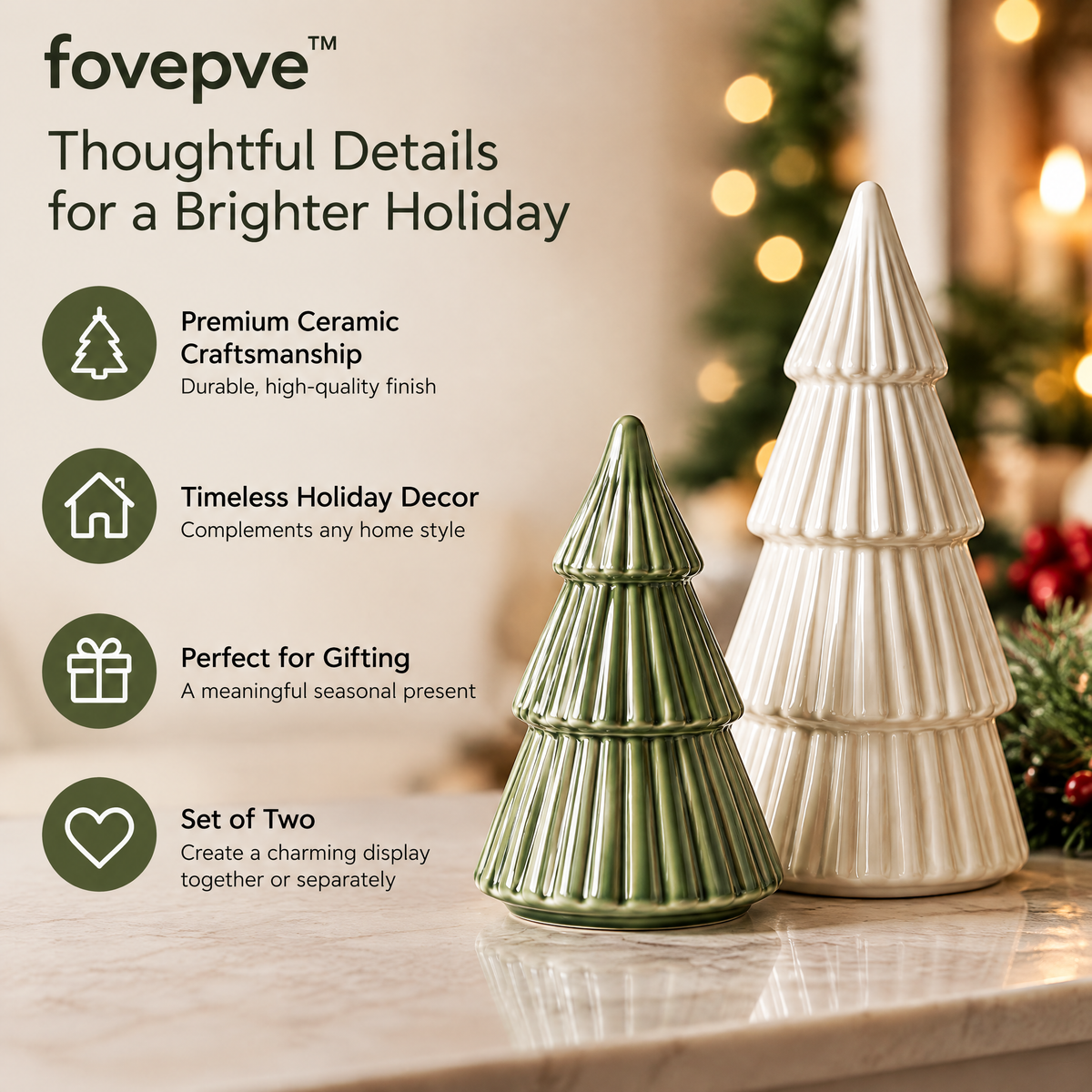 fovepve™ Ribbed Christmas Tree Figurine Set, Two Ceramic Holiday Sculptures for Tabletop & Mantel Decor
