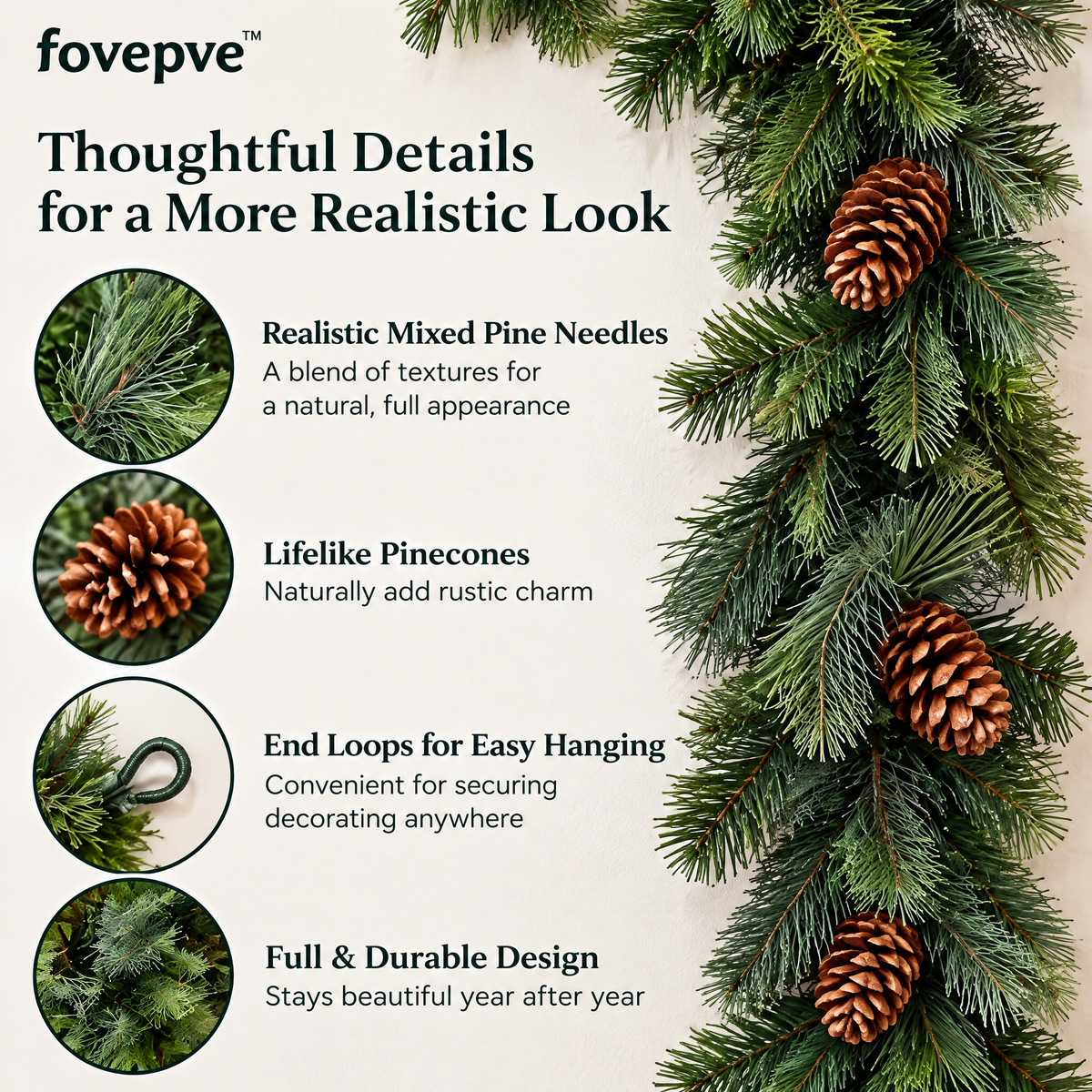fovepve™ Mixed Pine Christmas Garland, Six-Foot Unlit Artificial Greenery with Pinecones & End Loops