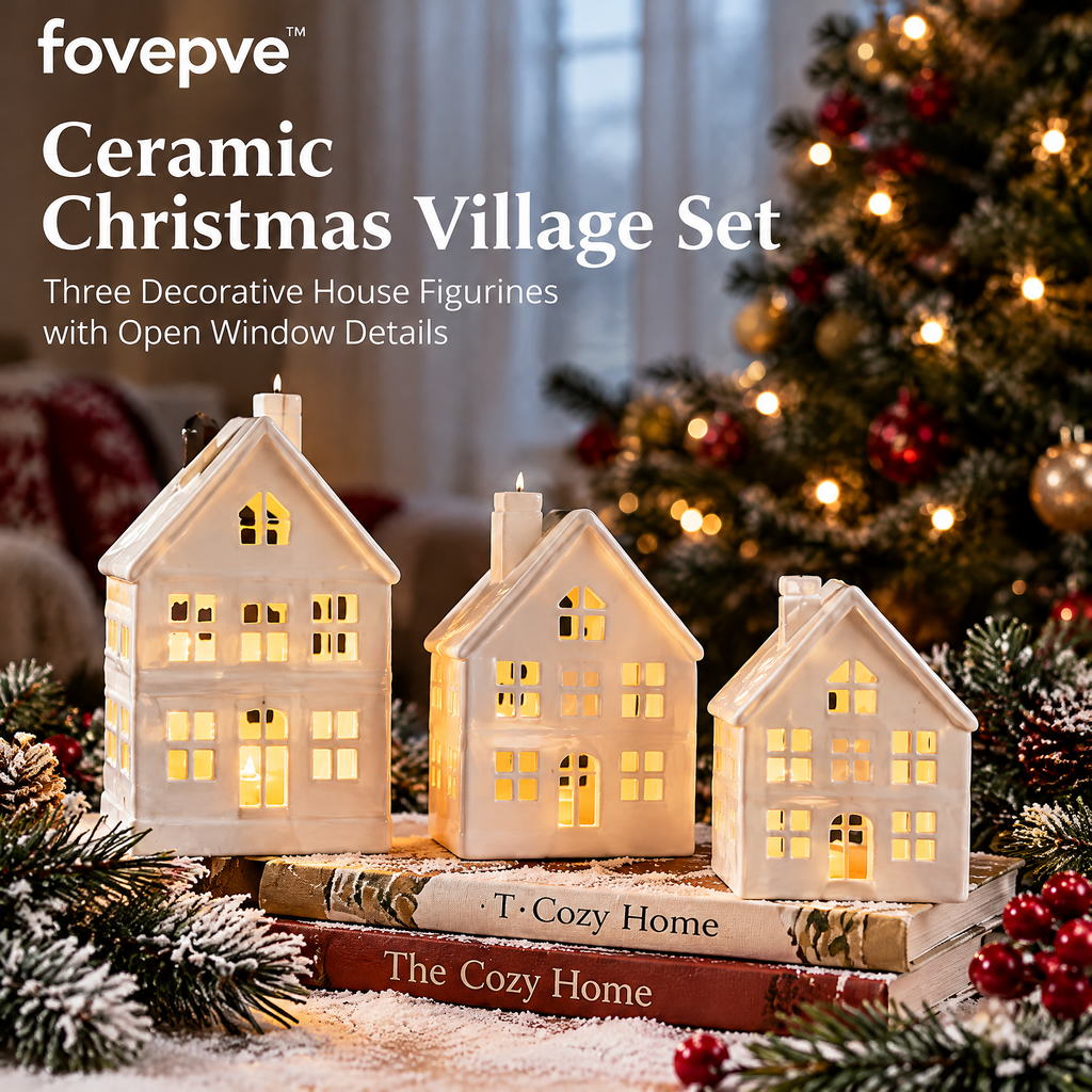 fovepve™ Ceramic Christmas Village Set, Three Decorative House Figurines with Open Window Details