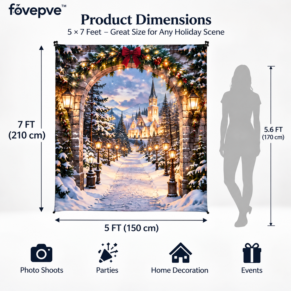 fovepve™ Winter Arch Christmas Photo Backdrop, Printed Fabric Holiday Background with Top Rod Pocket, 5 × 7 Feet