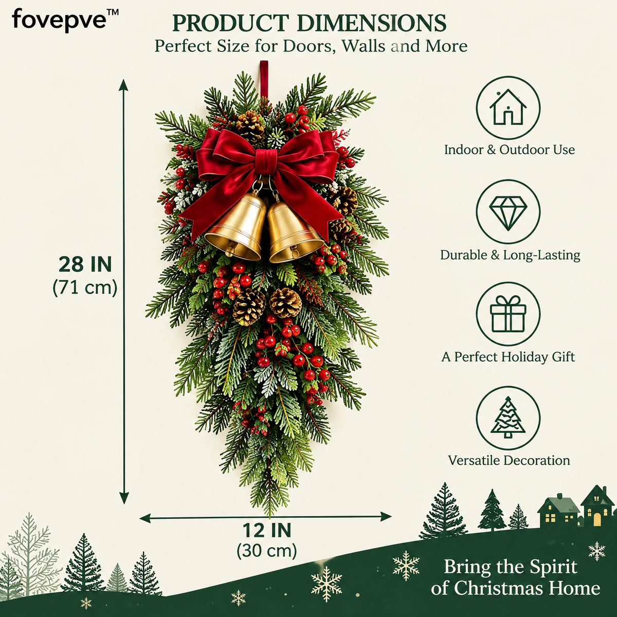 fovepve™ Bell & Bow Christmas Hanging Swag, 28-Inch Unlit Artificial Greenery Door Accent