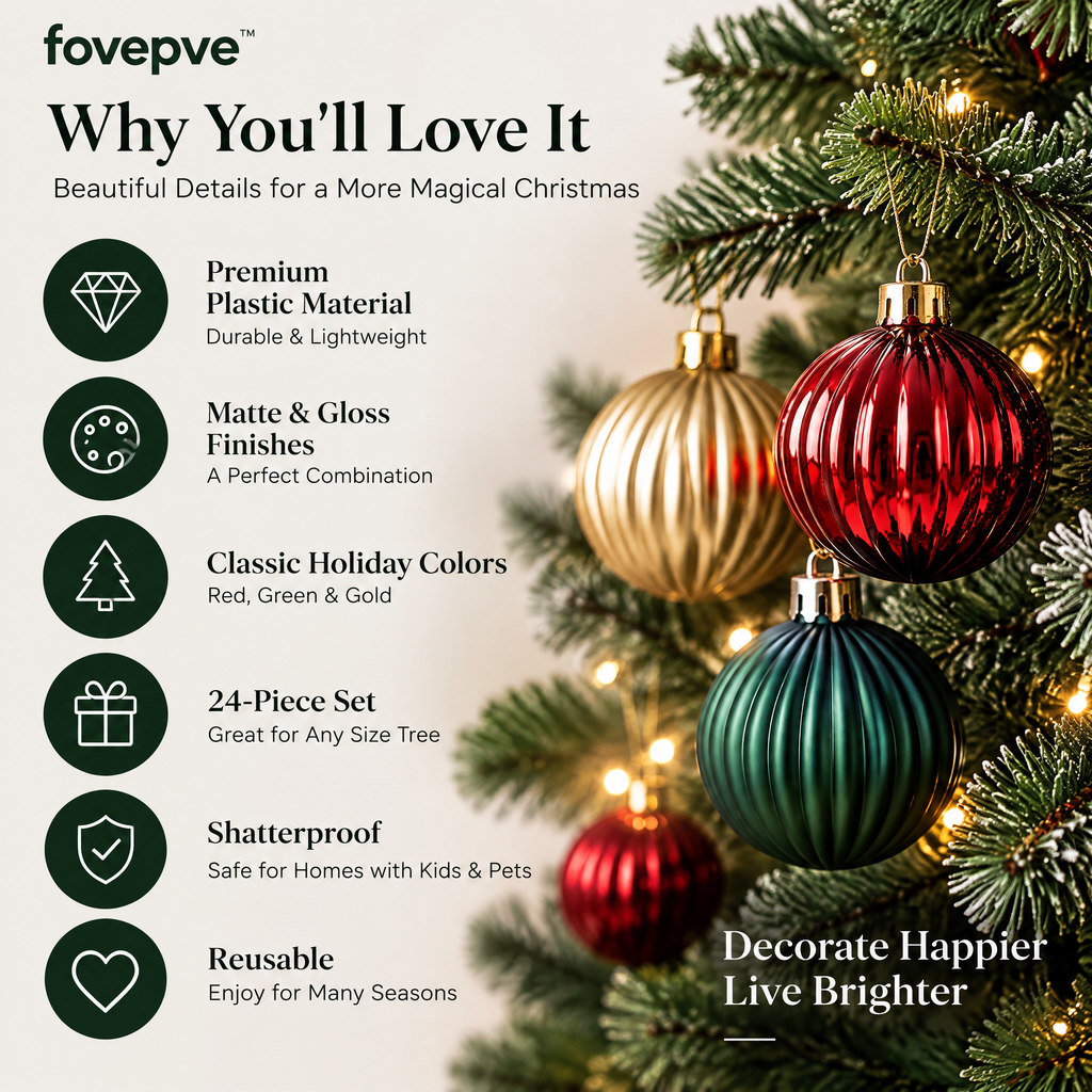 fovepve™ Ribbed Christmas Ball Ornament Set, 24 Plastic Hanging Tree Decorations with Matte & Gloss Finishes