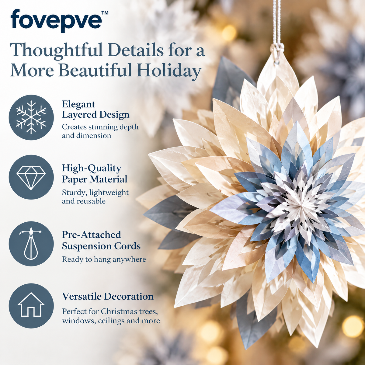 fovepve™ Layered Snowflake Hanging Decoration Set, Twelve Folded Paper Holiday Ornaments with Suspension Cords