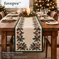 fovepve™ Evergreen Border Christmas Table Runner, Embroidered Cotton-Blend Holiday Dining Decor, 14 × 72 Inches