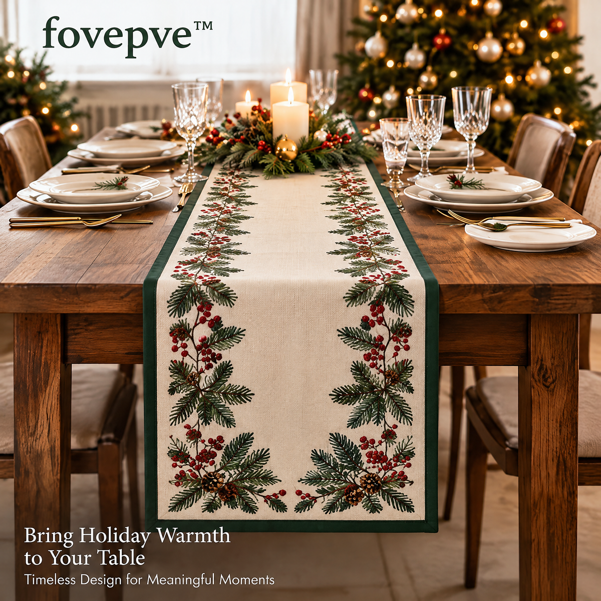 fovepve™ Evergreen Border Christmas Table Runner, Embroidered Cotton-Blend Holiday Dining Decor, 14 × 72 Inches