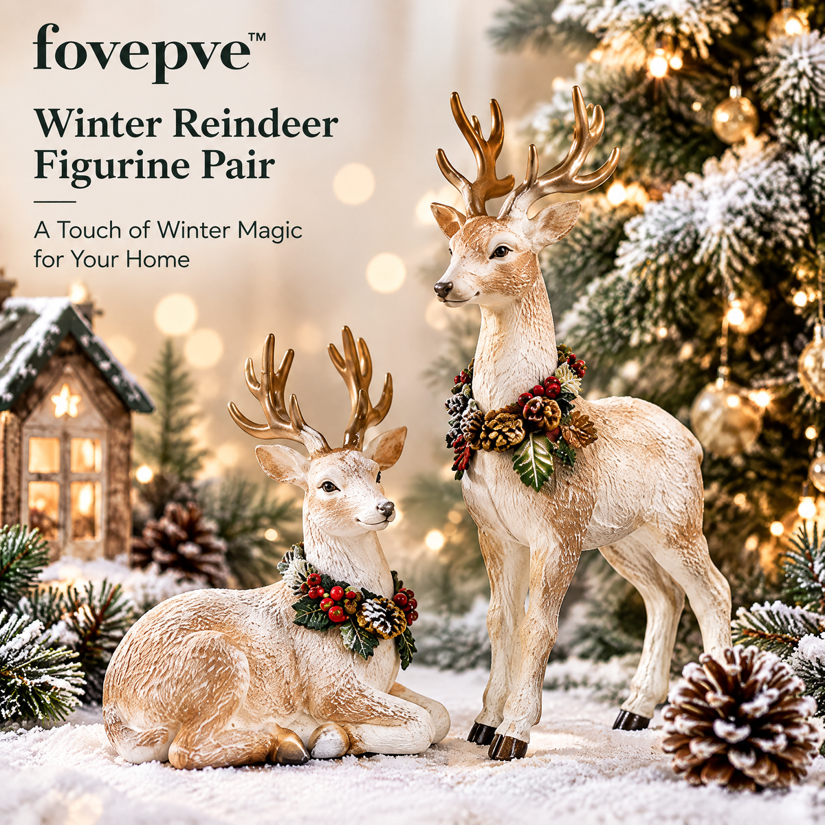 fovepve™ Winter Reindeer Figurine Pair, Resin Standing & Resting Deer Sculptures for Christmas Shelf Decor