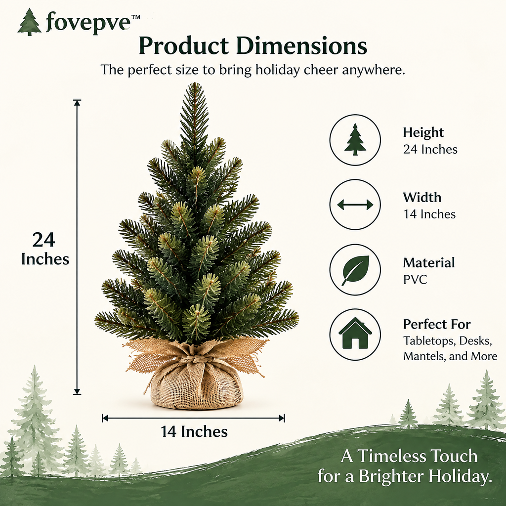 fovepve™ Alpine Tabletop Christmas Tree, 24-Inch Unlit Artificial Pine with Wrapped Base & Foldable Branches