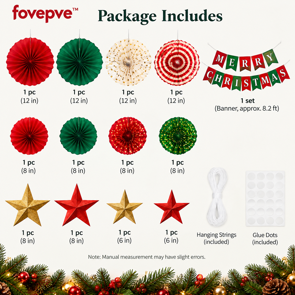 fovepve™ Christmas Paper Fan, Star & Banner Decoration Kit, Hanging Holiday Photo Wall Decor