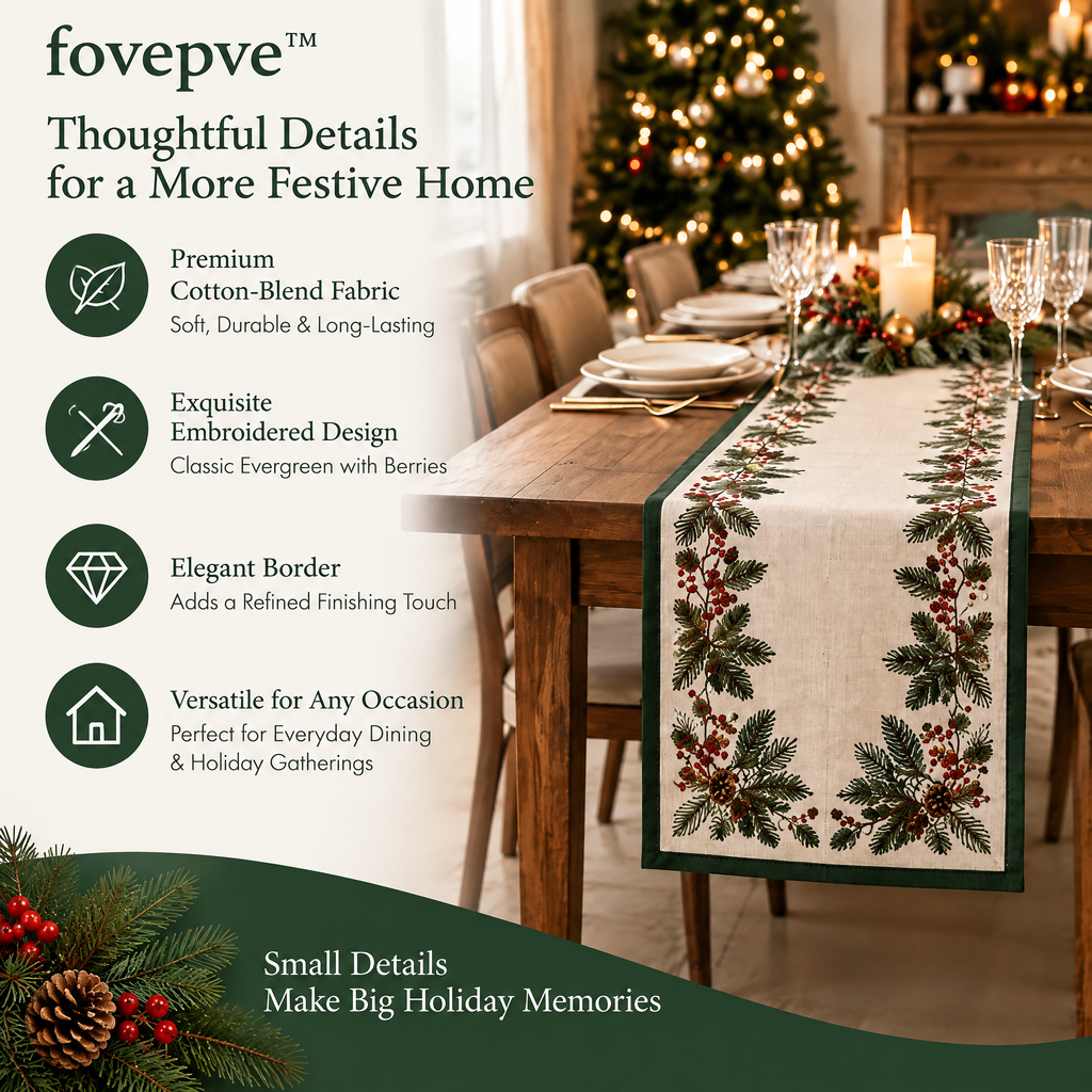 fovepve™ Evergreen Border Christmas Table Runner, Embroidered Cotton-Blend Holiday Dining Decor, 14 × 72 Inches