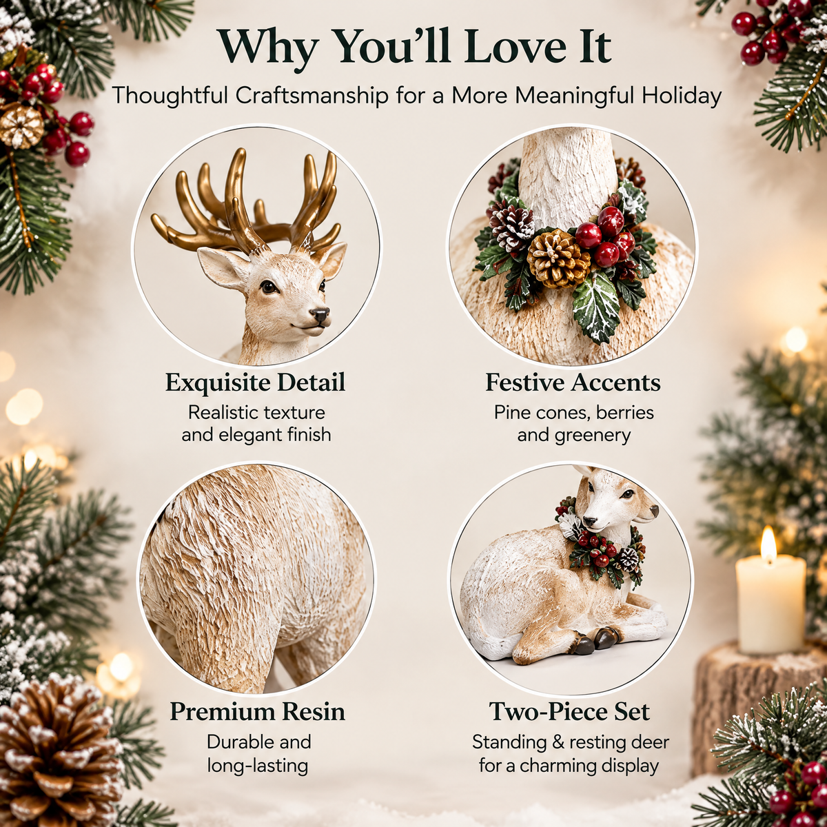 fovepve™ Winter Reindeer Figurine Pair, Resin Standing & Resting Deer Sculptures for Christmas Shelf Decor