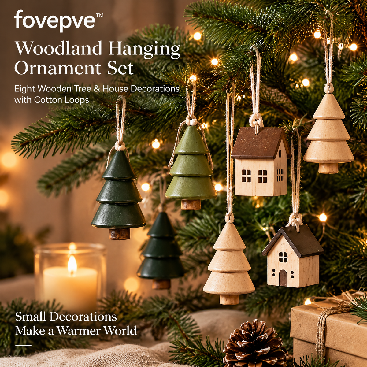 fovepve™ Woodland Hanging Ornament Set, Eight Wooden Tree & House Decorations with Cotton Loops