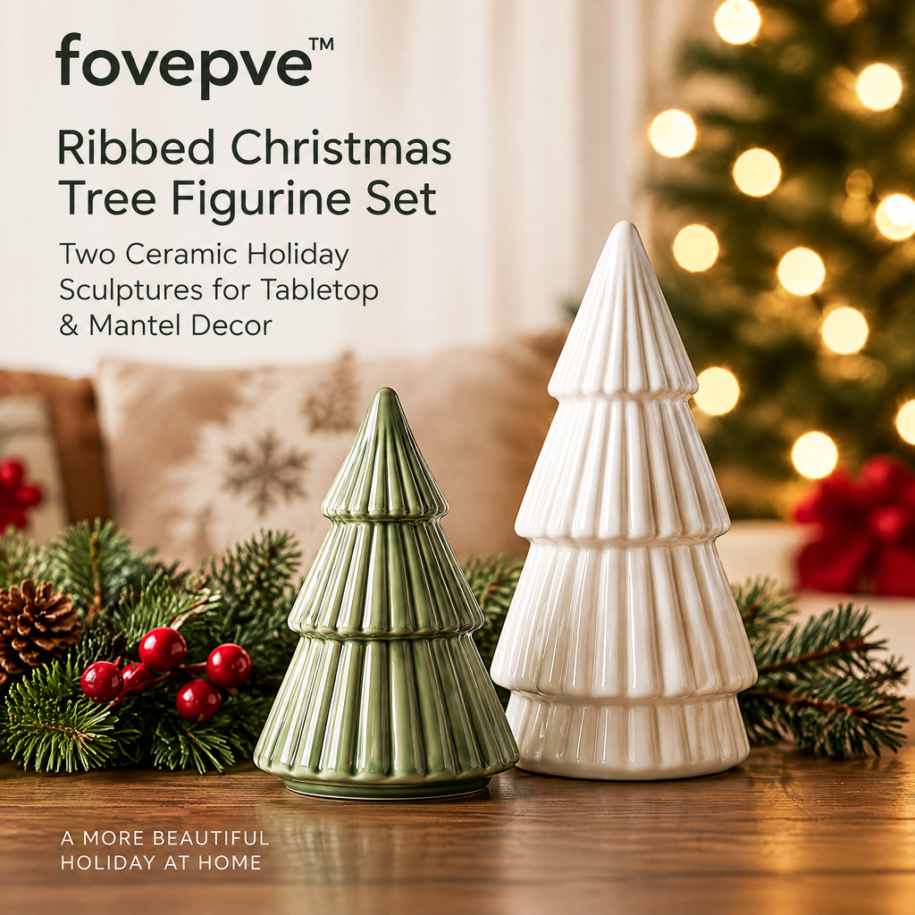 fovepve™ Ribbed Christmas Tree Figurine Set, Two Ceramic Holiday Sculptures for Tabletop & Mantel Decor