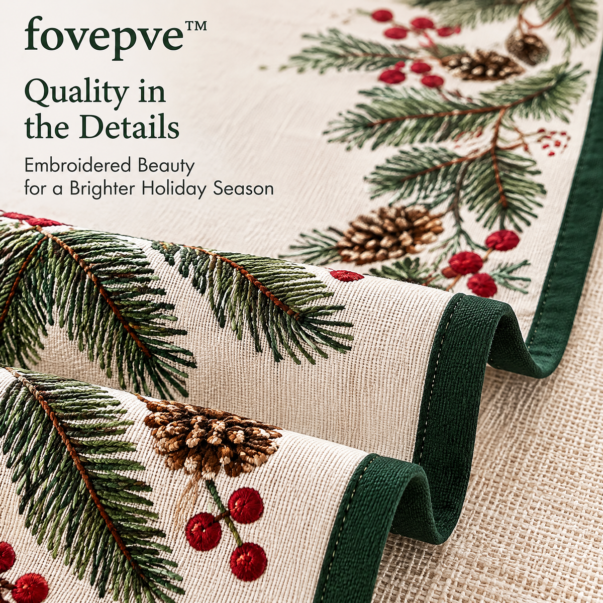 fovepve™ Evergreen Border Christmas Table Runner, Embroidered Cotton-Blend Holiday Dining Decor, 14 × 72 Inches