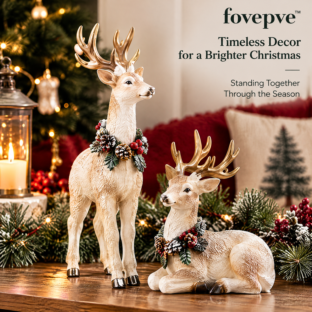 fovepve™ Winter Reindeer Figurine Pair, Resin Standing & Resting Deer Sculptures for Christmas Shelf Decor