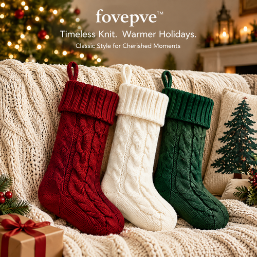 fovepve™ Cable Knit Christmas Stocking Set, Three Hanging Holiday Stockings with Folded Cuffs