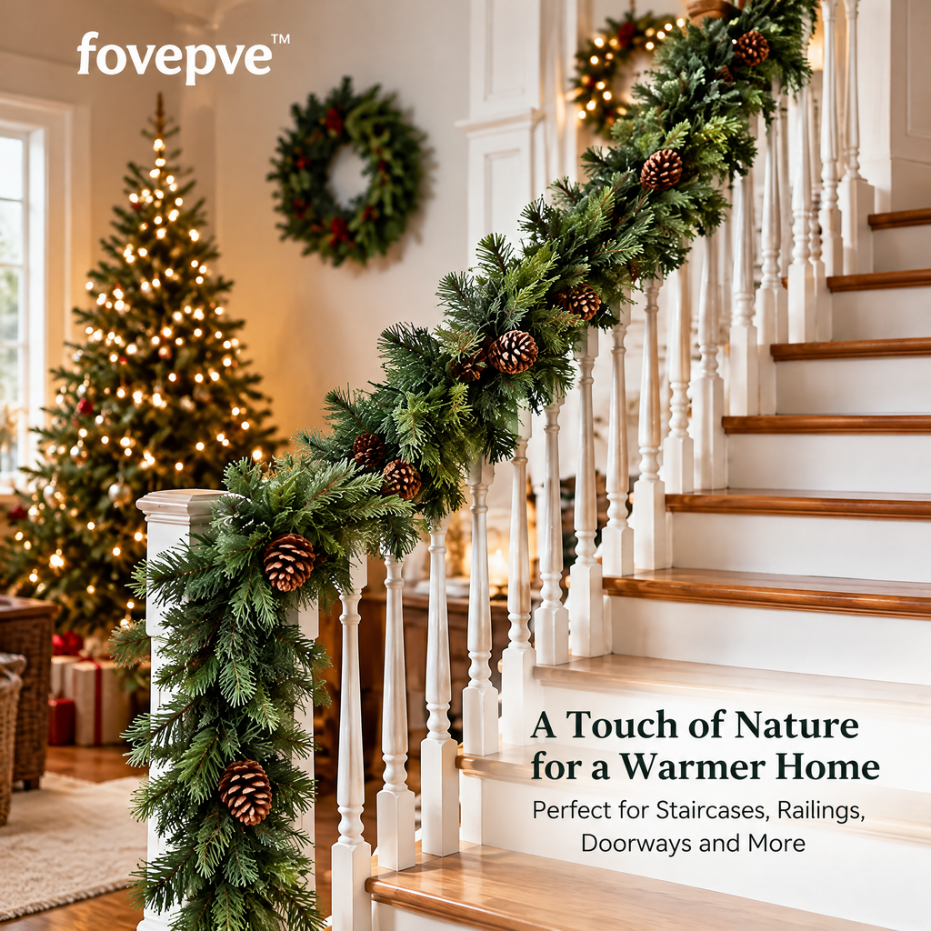 fovepve™ Mixed Pine Christmas Garland, Six-Foot Unlit Artificial Greenery with Pinecones & End Loops