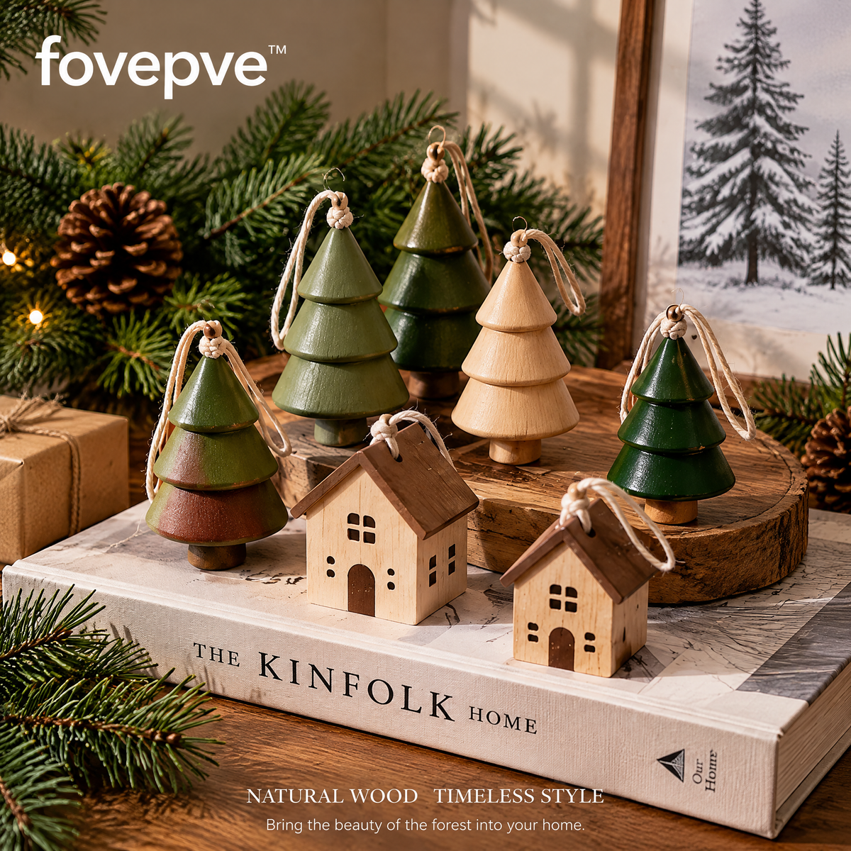 fovepve™ Woodland Hanging Ornament Set, Eight Wooden Tree & House Decorations with Cotton Loops
