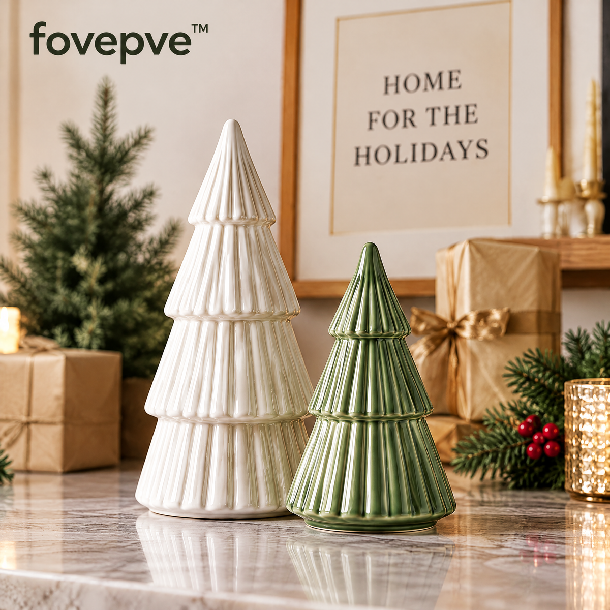 fovepve™ Ribbed Christmas Tree Figurine Set, Two Ceramic Holiday Sculptures for Tabletop & Mantel Decor