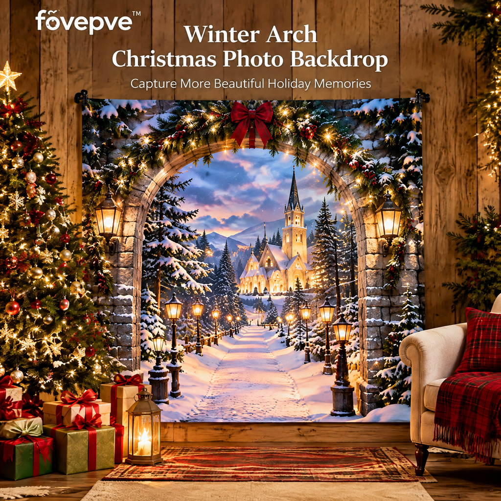 fovepve™ Winter Arch Christmas Photo Backdrop, Printed Fabric Holiday Background with Top Rod Pocket, 5 × 7 Feet