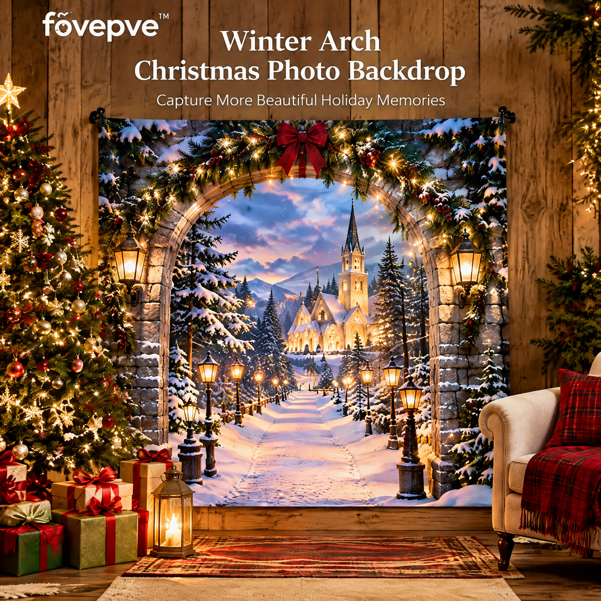 fovepve™ Winter Arch Christmas Photo Backdrop, Printed Fabric Holiday Background with Top Rod Pocket, 5 × 7 Feet