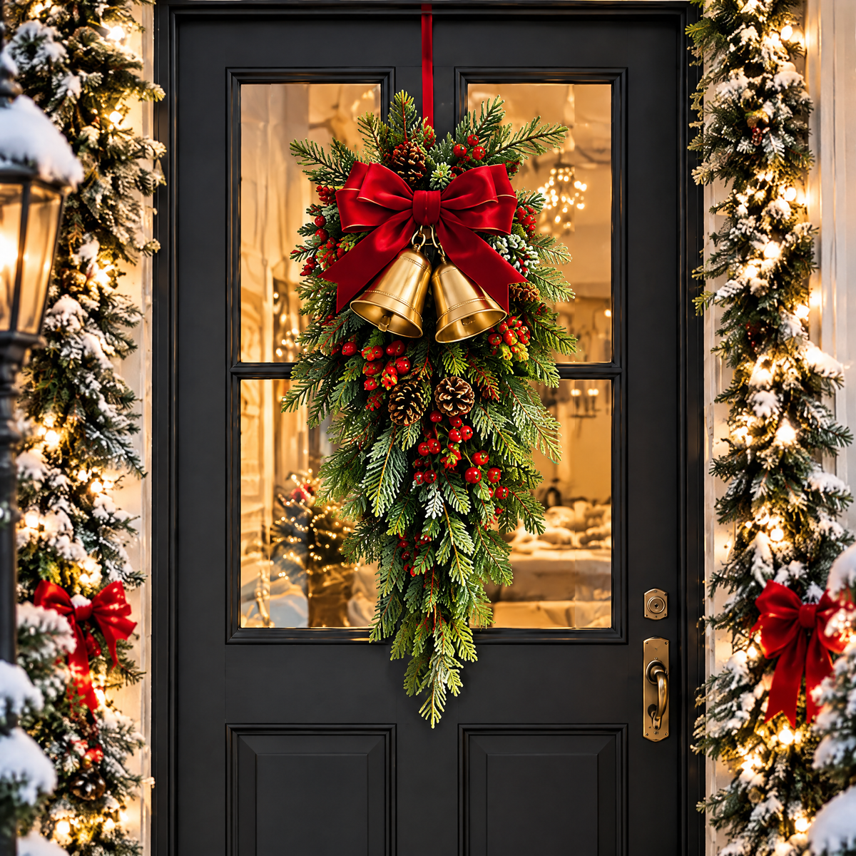 fovepve™ Bell & Bow Christmas Hanging Swag, 28-Inch Unlit Artificial Greenery Door Accent