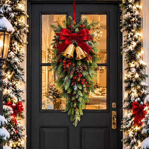 fovepve™ Bell & Bow Christmas Hanging Swag, 28-Inch Unlit Artificial Greenery Door Accent