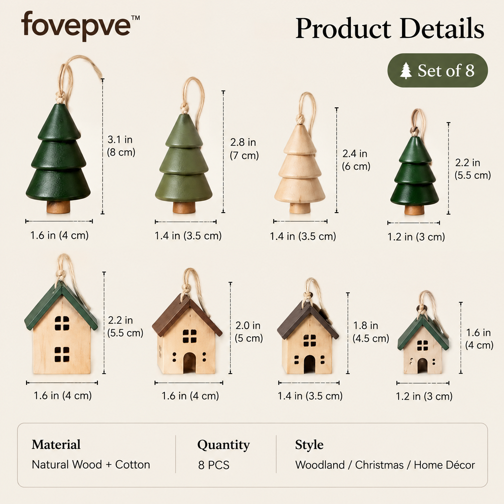 fovepve™ Woodland Hanging Ornament Set, Eight Wooden Tree & House Decorations with Cotton Loops