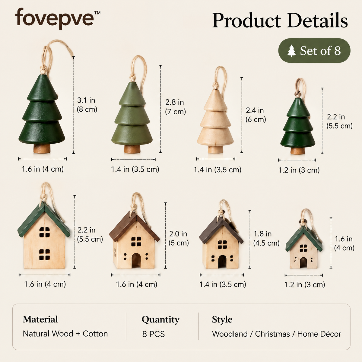 fovepve™ Woodland Hanging Ornament Set, Eight Wooden Tree & House Decorations with Cotton Loops