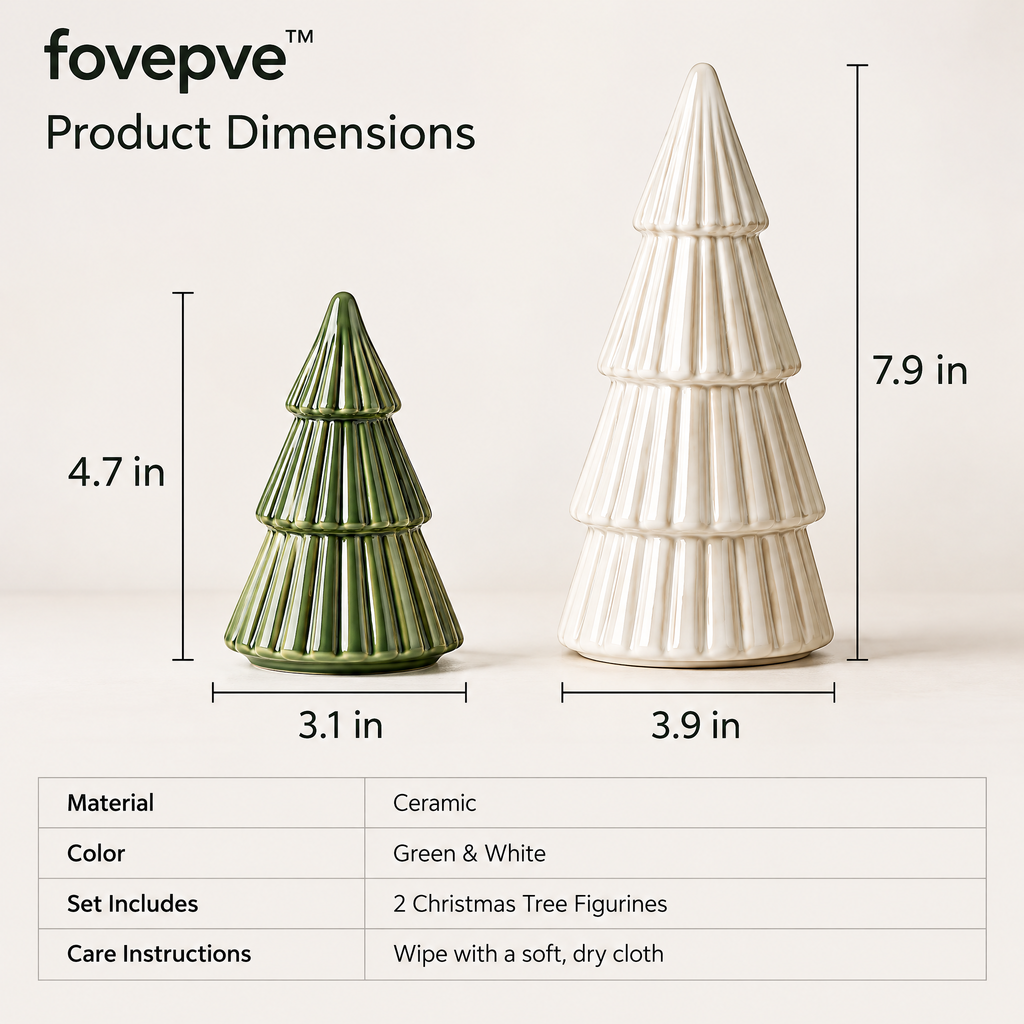 fovepve™ Ribbed Christmas Tree Figurine Set, Two Ceramic Holiday Sculptures for Tabletop & Mantel Decor