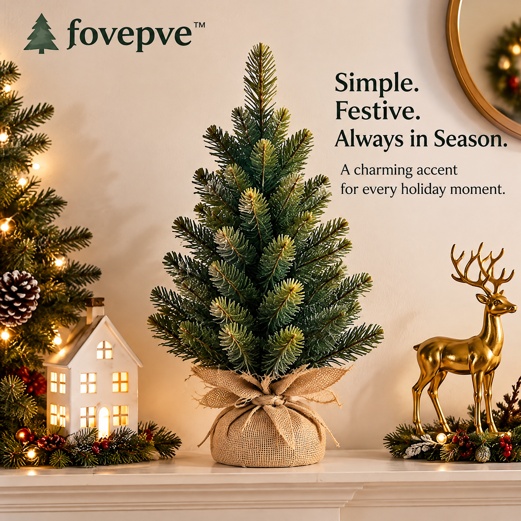 fovepve™ Alpine Tabletop Christmas Tree, 24-Inch Unlit Artificial Pine with Wrapped Base & Foldable Branches