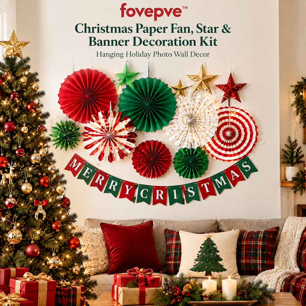 fovepve™ Christmas Paper Fan, Star & Banner Decoration Kit, Hanging Holiday Photo Wall Decor