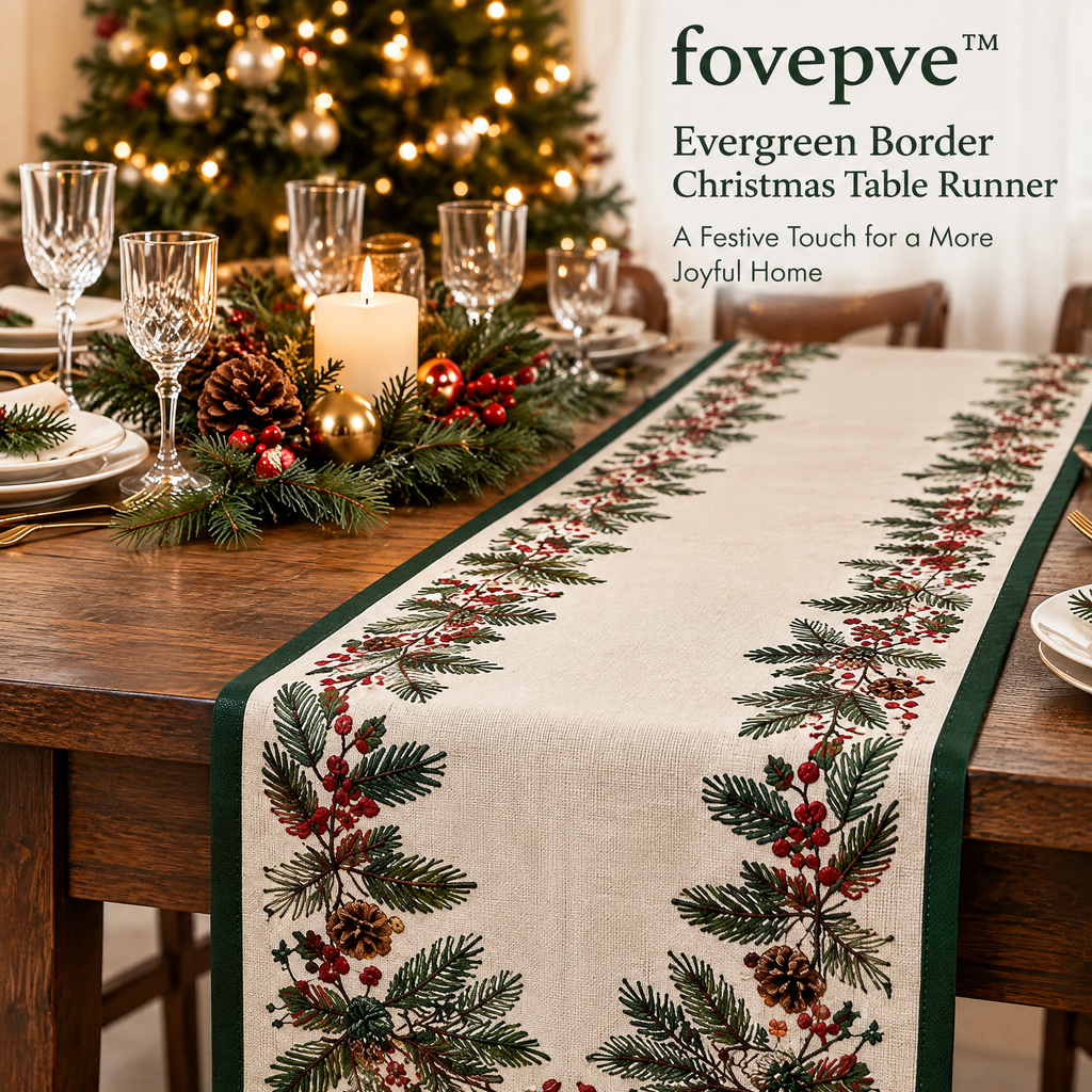 fovepve™ Evergreen Border Christmas Table Runner, Embroidered Cotton-Blend Holiday Dining Decor, 14 × 72 Inches