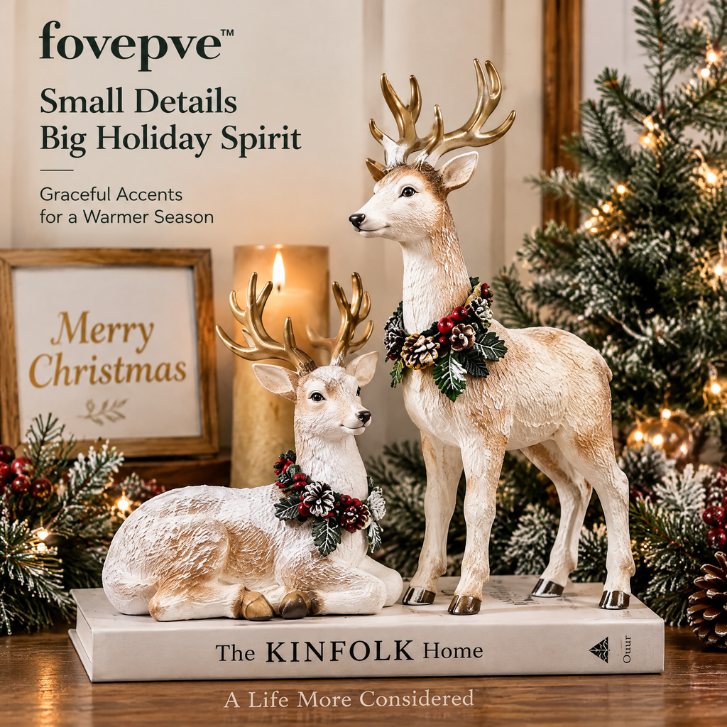 fovepve™ Winter Reindeer Figurine Pair, Resin Standing & Resting Deer Sculptures for Christmas Shelf Decor