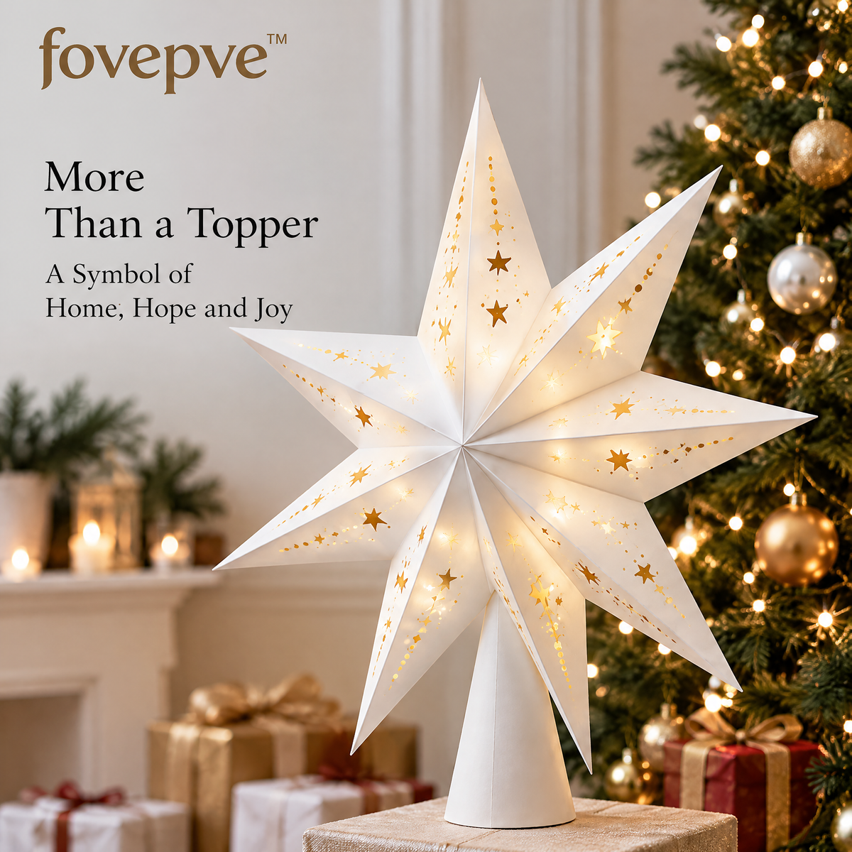 fovepve™ Folded Star Tree Topper, 12-Inch Star Body, Dimensional Paper Christmas Decoration with Cone Mount