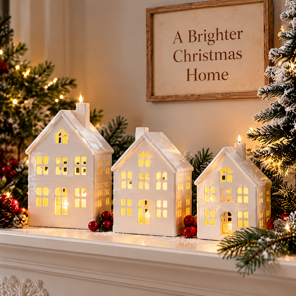 fovepve™ Ceramic Christmas Village Set, Three Decorative House Figurines with Open Window Details