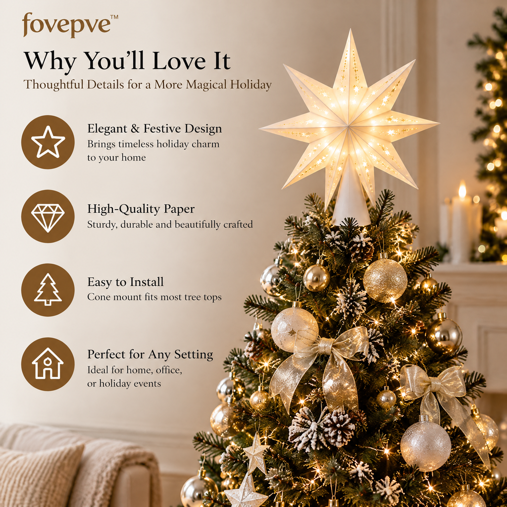 fovepve™ Folded Star Tree Topper, 12-Inch Star Body, Dimensional Paper Christmas Decoration with Cone Mount