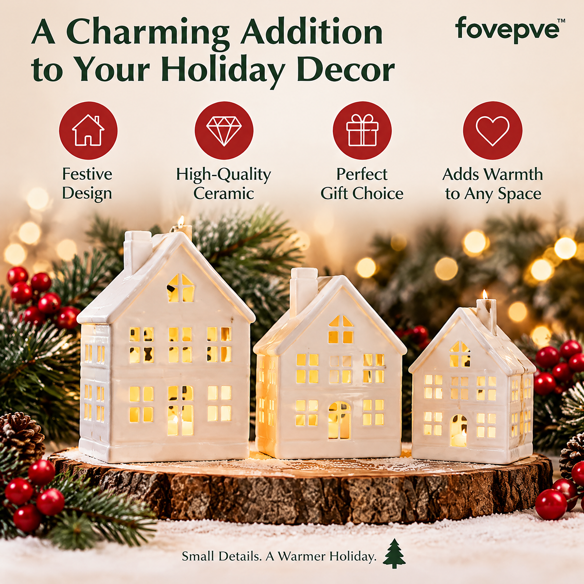 fovepve™ Ceramic Christmas Village Set, Three Decorative House Figurines with Open Window Details