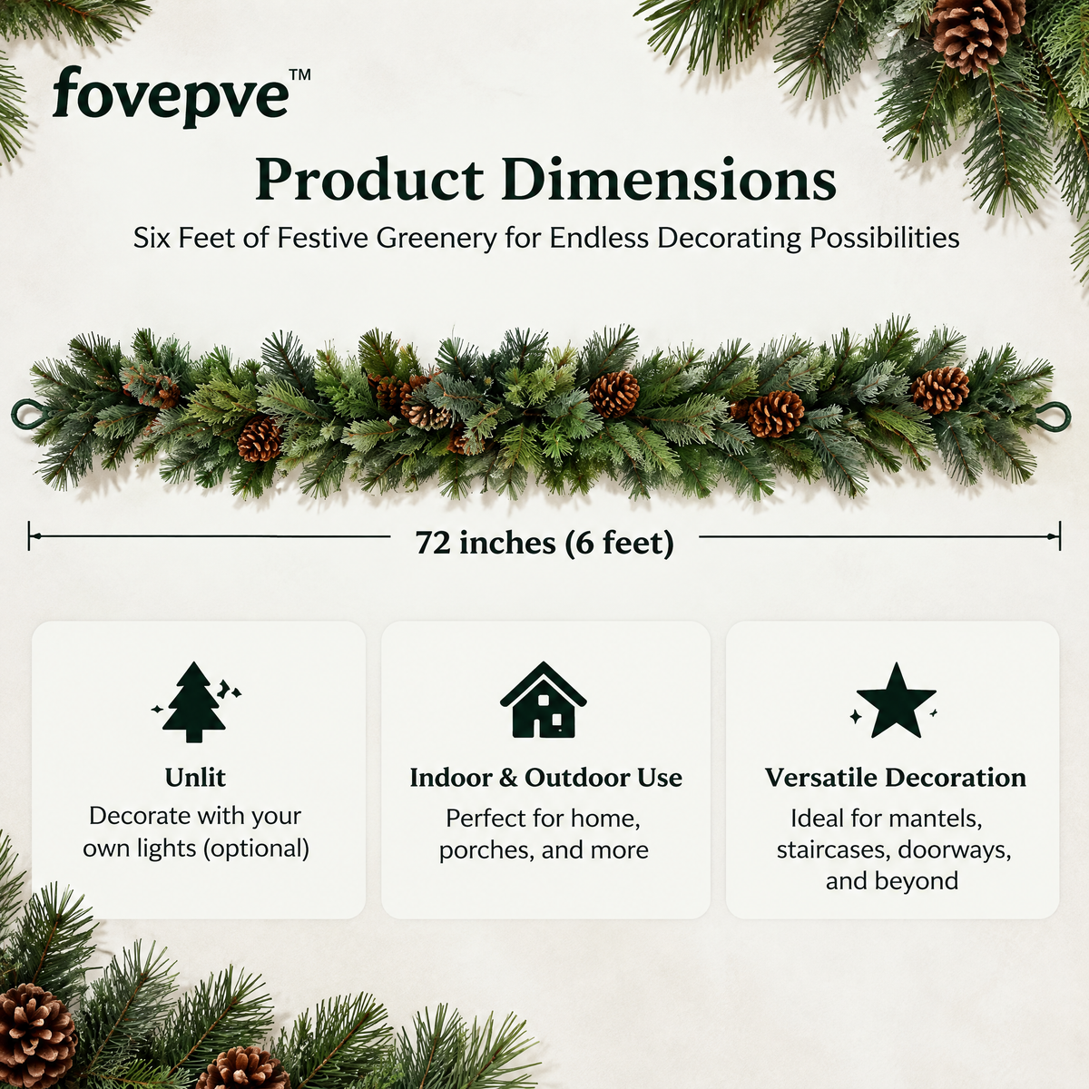 fovepve™ Mixed Pine Christmas Garland, Six-Foot Unlit Artificial Greenery with Pinecones & End Loops