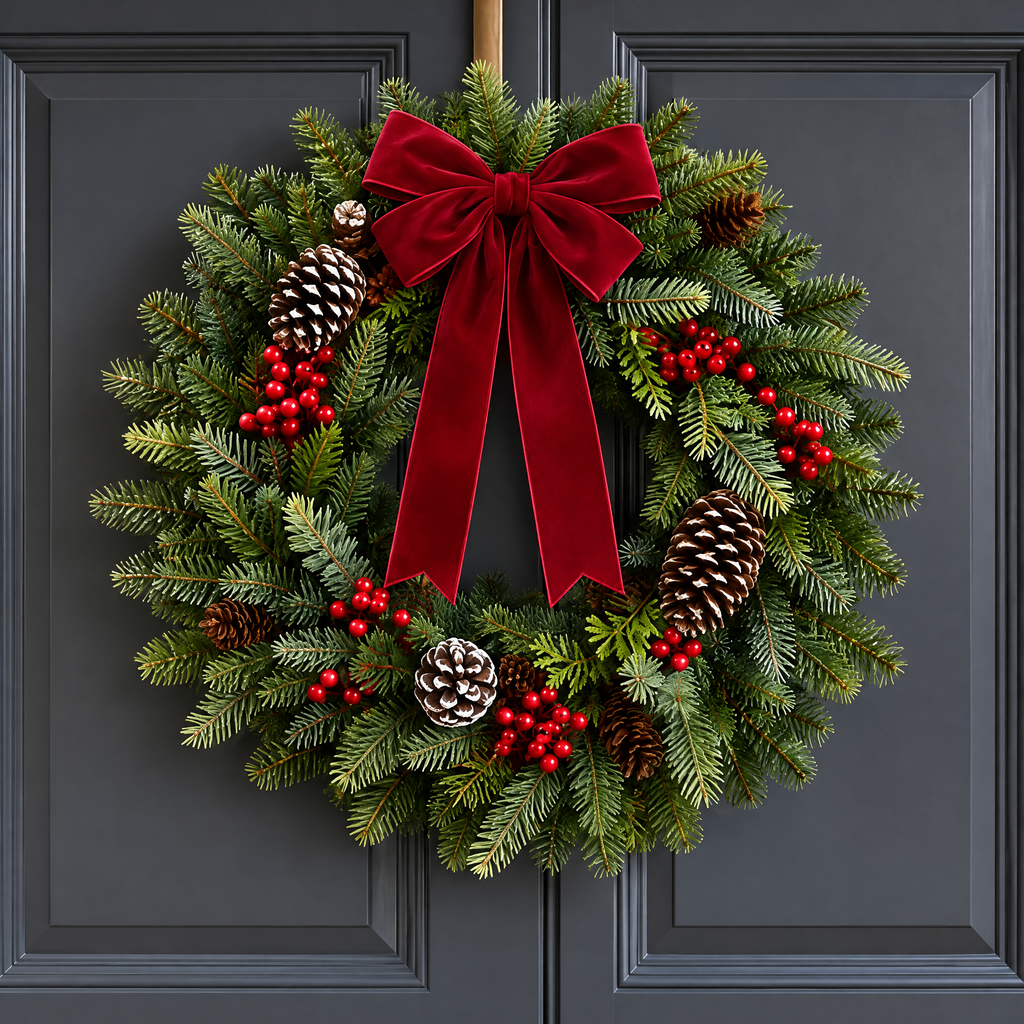 fovepve™ Evergreen & Berry Christmas Wreath, 22-Inch Unlit Artificial Door Decoration with Ribbon Bow