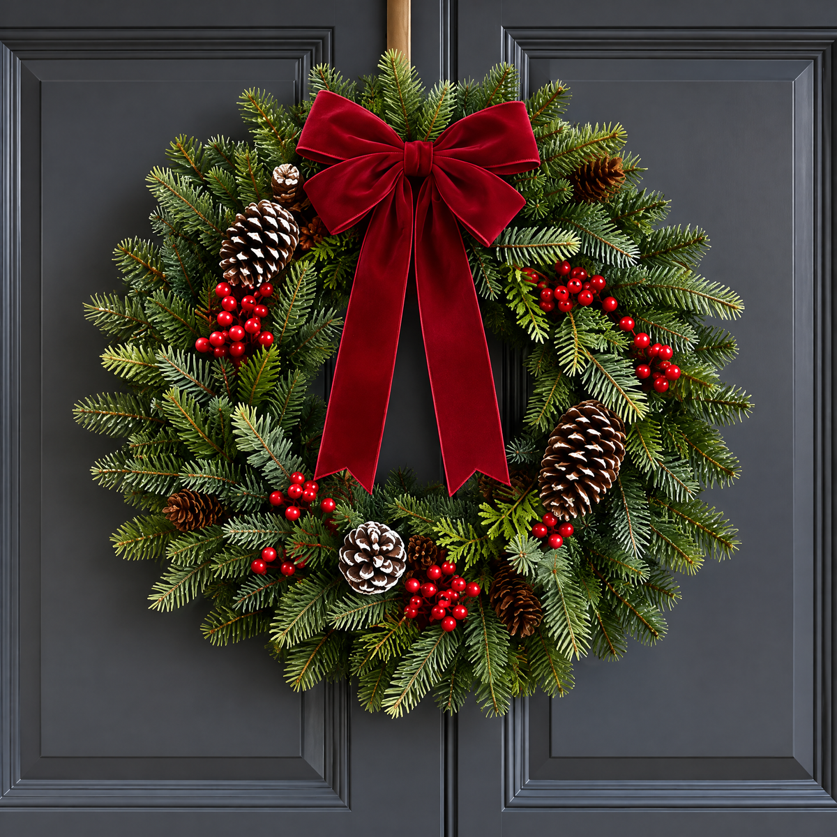 fovepve™ Evergreen & Berry Christmas Wreath, 22-Inch Unlit Artificial Door Decoration with Ribbon Bow