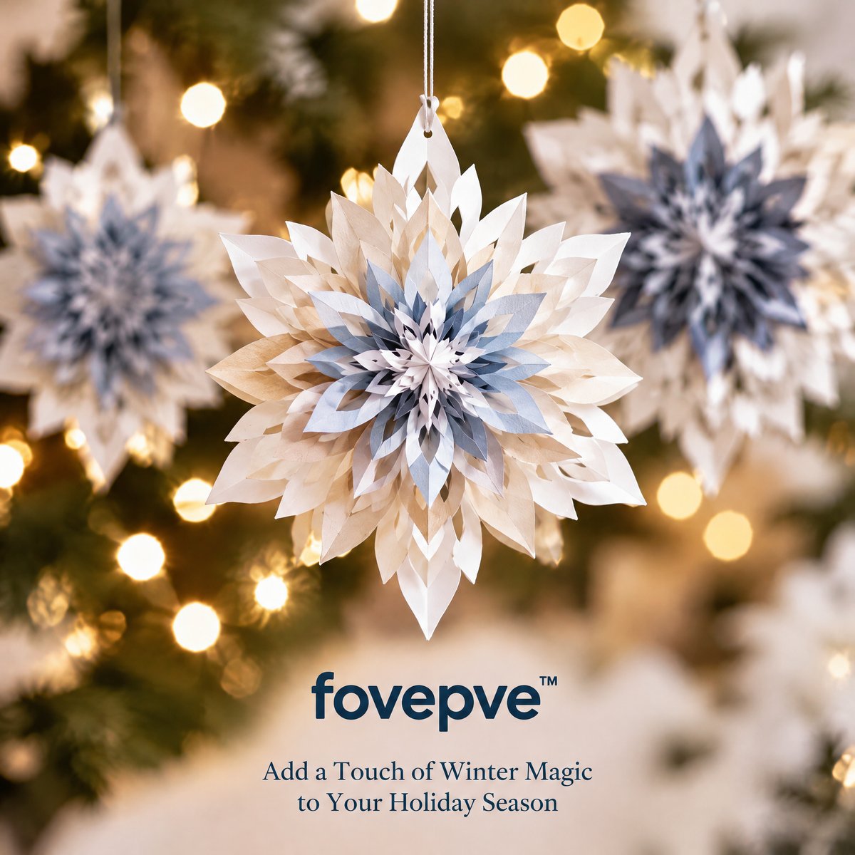 fovepve™ Layered Snowflake Hanging Decoration Set, Twelve Folded Paper Holiday Ornaments with Suspension Cords