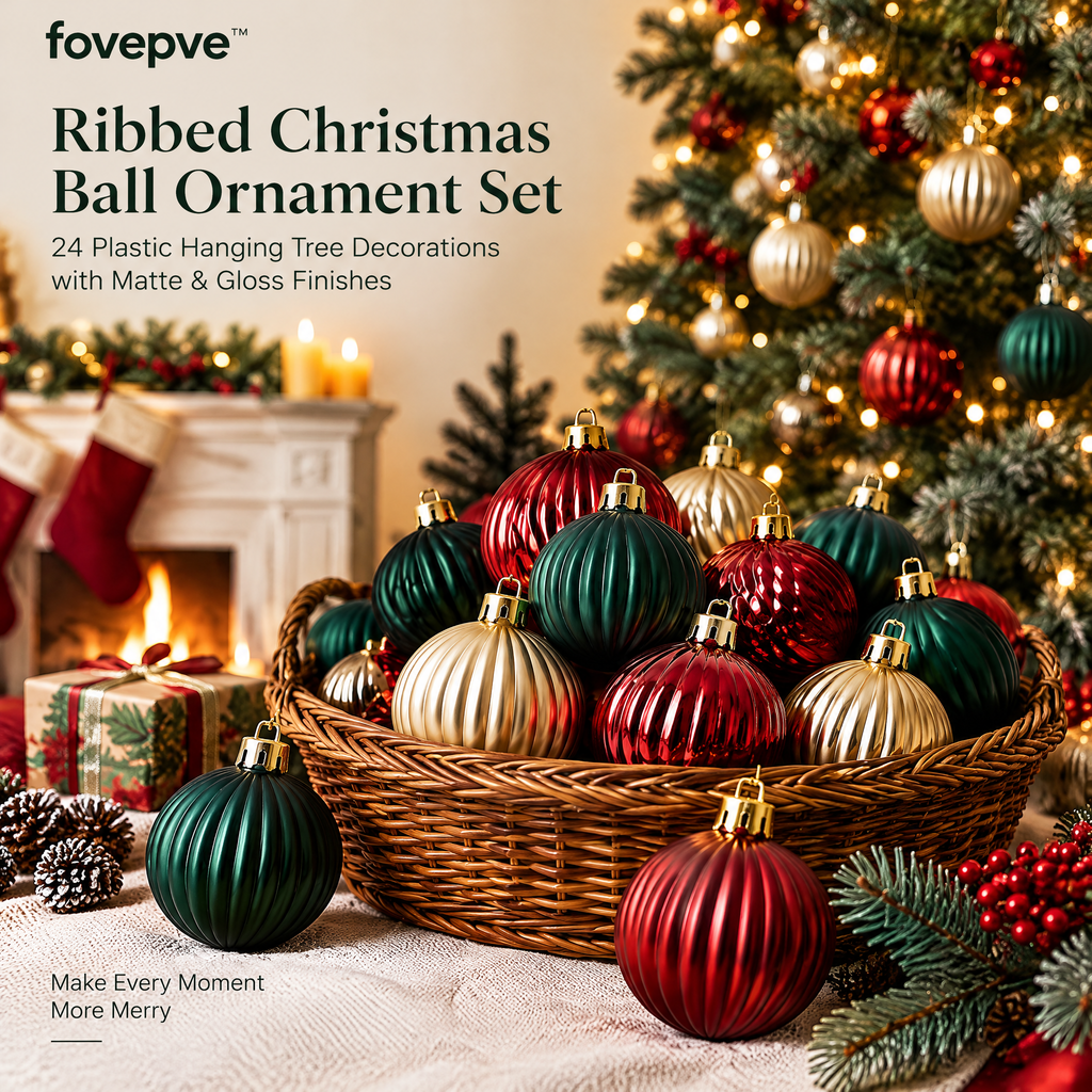 fovepve™ Ribbed Christmas Ball Ornament Set, 24 Plastic Hanging Tree Decorations with Matte & Gloss Finishes