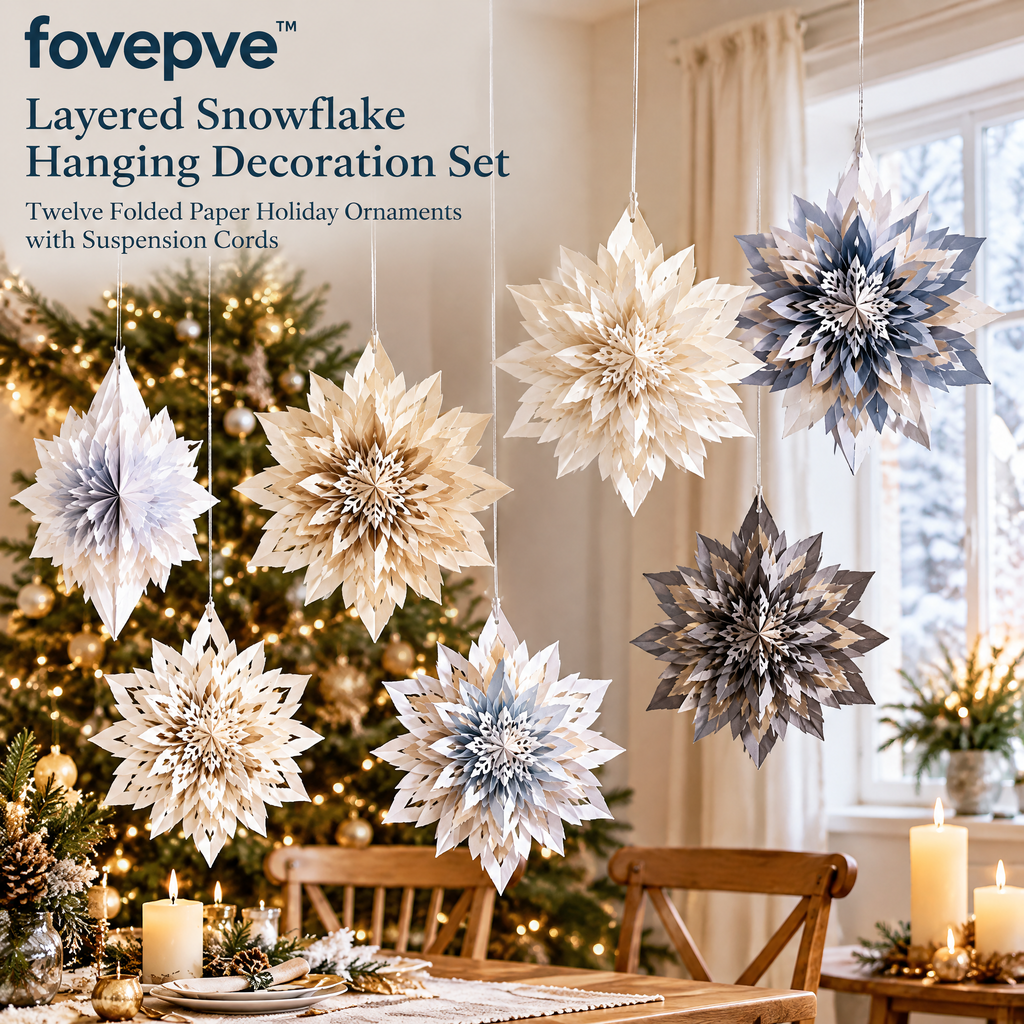 fovepve™ Layered Snowflake Hanging Decoration Set, Twelve Folded Paper Holiday Ornaments with Suspension Cords