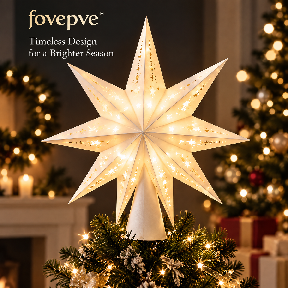 fovepve™ Folded Star Tree Topper, 12-Inch Star Body, Dimensional Paper Christmas Decoration with Cone Mount
