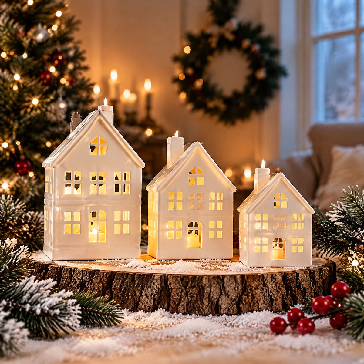 fovepve™ Ceramic Christmas Village Set, Three Decorative House Figurines with Open Window Details