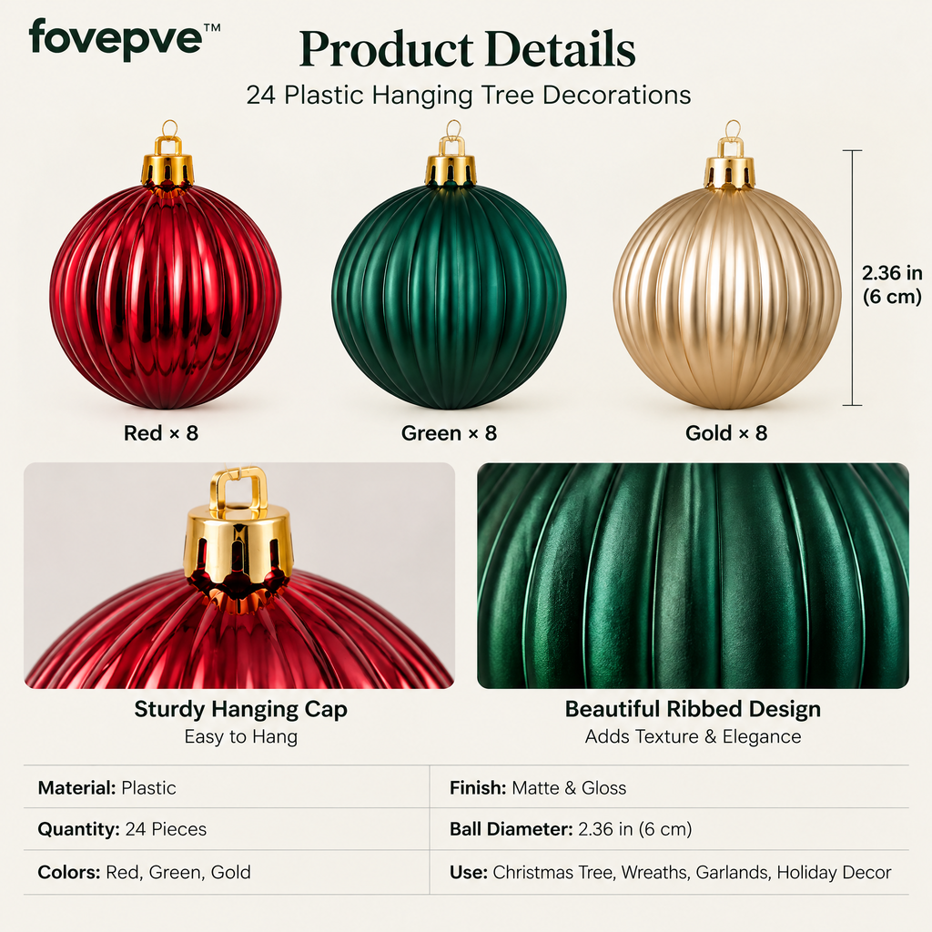 fovepve™ Ribbed Christmas Ball Ornament Set, 24 Plastic Hanging Tree Decorations with Matte & Gloss Finishes